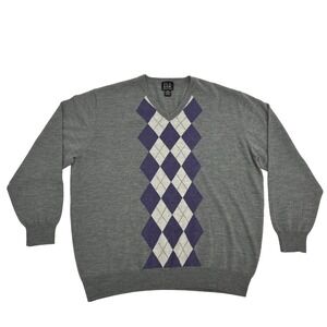 Jos A. Bank Signature Sweater Men's XXL 2XL Gray Argyle V-Neck 100% Merino Wool‎